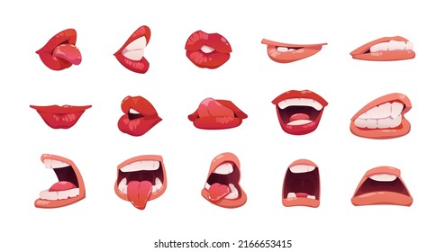 Mouth Expression. Cartoon Face Emotion With Open And Clothed Mouth Lips Teeth And Tongue, Happy Sad Angry And Sexy Cute Emotions Collection. Vector Set. Character Grimaces With Feelings