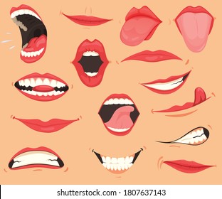 Mouth expressions. Lips with a variety of emotions, facial expressions. Female lips in cartoon style. Collection of gestures lips. Set of mouth cartoon funny and emotion. Red lipstick