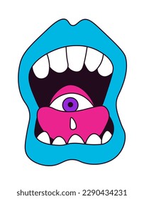 Mouth and eye abstract character parts, isolated fictional monster or creature with teeth and tongue. Personage from imagination, caricature or doodle drawing, depiction. Vector in flat style