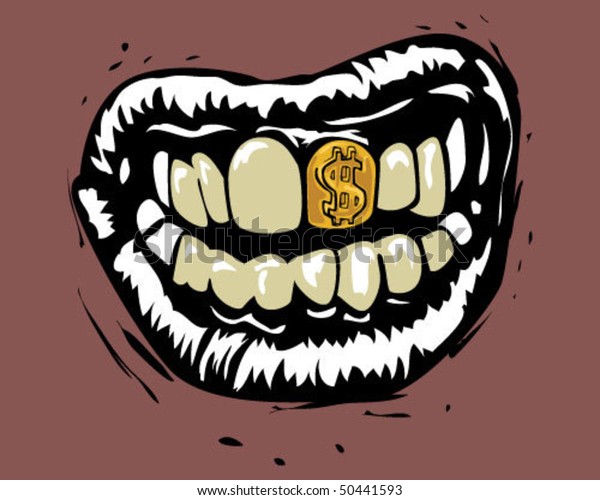 Mouth with gold teeth. 