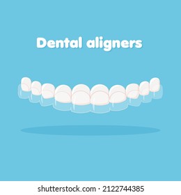 Mouth guard. Teeth with transparent braces. Alignment of teeth by aligners. Orthodontic dentistry concept. Dental care. Vector illustration isolated on blue background.