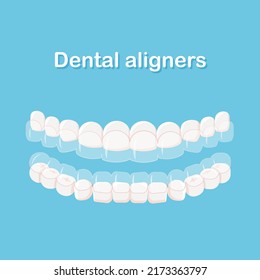 Mouth guard. Teeth with transparent braces. Alignment of teeth by aligners. Orthodontic dentistry concept. Dental care. Vector illustration isolated on blue background.