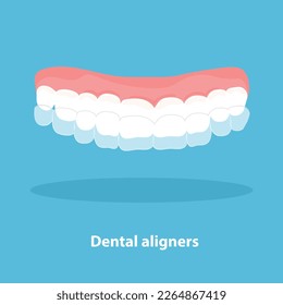 Mouth guard. Teeth with transparent braces. Alignment of teeth by aligners. Orthodontic dentistry concept. Dental care. Vector illustration isolated on blue background.