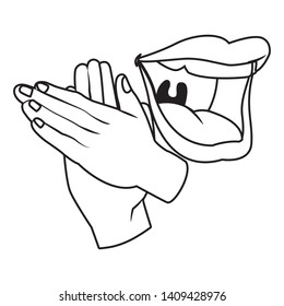 mouth and hands clapping icon cartoon black and white vector illustration graphic design