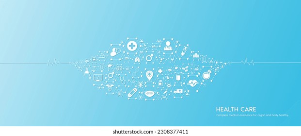 Mouth health care. Medical icons inside hexagons connected in the shape of the human mouth with white rate graph heart pulse. Organs icons on blue background. Medical care banner concept. Vector.