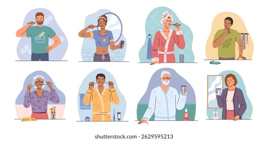 Mouth health and professional periodontal hygiene procedures. Vector isolated set of people doing daily oral care. Toothbrushing, dental floss and mouthwash with special medical things