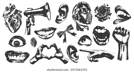 Mouth, heart, speaker, head, scream, hand, flower, ear with halftone stipple effect, for grunge punk y2k collage design. Vector illustration in stipple halftone brutalist retro design for vintage sale