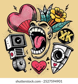 Mouth, heart, speaker, head, scream, hand, flower, ear with halftone stipple effect, for grunge punk y2k 