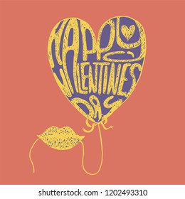 a mouth holding heart on a thread like balloon on a pink background