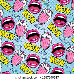 mouth with ice cream and wow message background