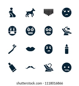 Mouth icon. collection of 16 mouth filled icons such as mustache, lipstick, lips, cream tube, toothbrush, sweating emot. editable mouth icons for web and mobile.