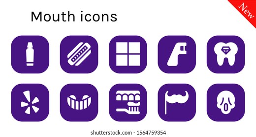 mouth icon set. 10 filled mouth icons.  Simple modern icons about  - Toothpaste, Harmonica, Delicious, Dental floss, Tooth, Yelp, Gum shield, Toothbrush, Moustache, Scream