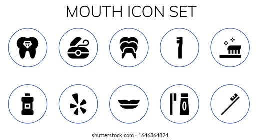 mouth icon set. 10 filled mouth icons. Included Tooth, Mouthwash, Dental floss, Yelp, Dental, Lips, Toothbrush icons