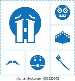 Mouth icon. set of 6 mouth filled icons such as mustache, crying emoji, shocked emoji, surprised emot, tooth brush