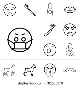 Mouth icons. set of 13 editable outline mouth icons such as dog, lips, toothbrush, upset emot, yawn emot, sweating emot, crying emoji, emoji in mask, tooth brush, mustache