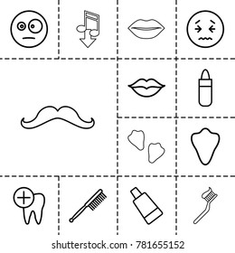 Mouth icons. set of 13 editable outline mouth icons such as animal fang, lipstick, cream tube, toothbrush, surprised emot, upset emot, love, dental care, mustache, lips