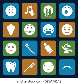 mouth icons set. Set of 16 mouth filled icons such as animal fang, mustache, cream tube, toothbrush, upset emot, yawn emot, crying emoji, emoji in mask, tooth brush