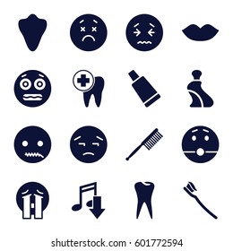 mouth icons set. Set of 16 mouth filled icons such as animal fang, lips, cream tube, toothbrush, upset emot, crying emoji, shocked emoji, surprised emot, tooth, tooth brush