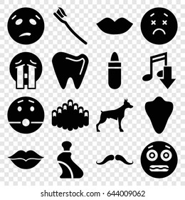 Mouth icons set. set of 16 mouth filled icons such as animal fang, dog, mustache, lipstick, lips, cream tube, upset emot, sweating emot, crying emoji, shocked emoji
