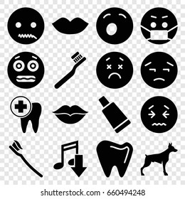 Mouth icons set. set of 16 mouth filled icons such as dog, lips, toothbrush, cream tube, upset, yawn emot, shocked, emoji in mask, tooth brush, love, dental care