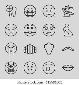Mouth icons set. set of 16 mouth outline icons such as animal fang, mustache, cream tube, love, dental care, dental chair, harmonica, upset emot, yawn emot, crying emoji