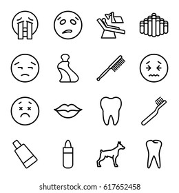 Mouth icons set. set of 16 mouth outline icons such as dog, lipstick, cream tube, toothbrush, tooth, love, dental chair, harmonica, upset emot, sweating emot