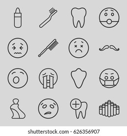 Mouth icons set. set of 16 mouth outline icons such as animal fang, mustache, lipstick, cream tube, toothbrush, dental care, tooth, harmonica, upset emot, yawn emot