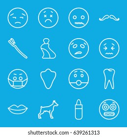 Mouth icons set. set of 16 mouth outline icons such as animal fang, dog, mustache, lipstick, lips, cream tube, tooth, tooth brush, upset emot, sweating emot, shocked emoji