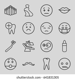 Mouth icons set. set of 16 mouth outline icons such as mustache, lipstick, cream tube, toothbrush, tooth, love, dental care, dental chair, harmonica, upset emot