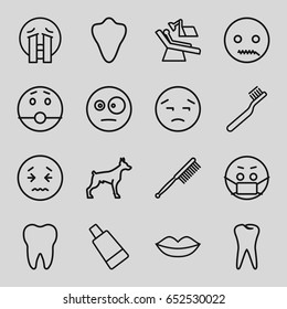 Mouth icons set. set of 16 mouth outline icons such as animal fang, dog, lips, toothbrush, cream tube, tooth, dental chair, upset emot, surprised emot, crying emoji