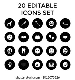 Mouth icons. set of 20 editable filled mouth icons such as dog, lips, toothbrush, yawn emot, sweating emot, crying emoji. best quality mouth elements in trendy style.
