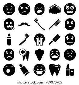 Mouth icons. set of 25 editable filled mouth icons such as animal fang, lipstick, toothbrush, cream tube, upset emot, yawn emot, crying emoji, shocked emoji, emoji in mask
