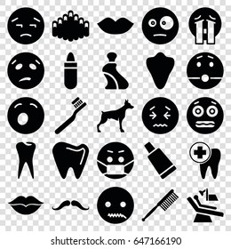 Mouth icons set. set of 25 mouth filled icons such as animal fang, dog, mustache, lipstick, lips, cream tube, toothbrush, upset emot, surprised emot, crying emoji