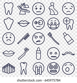 Mouth icons set. set of 25 mouth outline icons such as animal fang, mustache, lipstick, lips, cream tube, toothbrush, tooth, tooth brush, love, dental care, dental chair