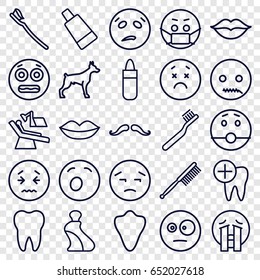 Mouth icons set. set of 25 mouth outline icons such as animal fang, dog, mustache, lipstick, lips, cream tube, toothbrush, tooth brush, love, dental care, dental chair, tooth