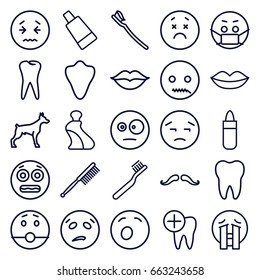 Mouth icons set. set of 25 mouth outline icons such as animal fang, dog, mustache, lipstick, lips, cream tube, toothbrush, tooth, tooth brush, love, dental care, upset emot