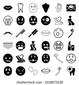 Mouth icons. set of 36 editable filled and outline mouth icons such as animal fang, mustache, cream tube, upset emot, surprised emot, emoji in mask, dental care, lips