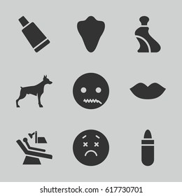 Mouth icons set. set of 9 mouth filled icons such as animal fang, dog, lipstick, lips, cream tube, upset emot, emot with zipper mouth