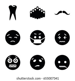 Mouth icons set. set of 9 mouth filled icons such as mustache, upset emot, sweating emot, shocked emoji, emoji in mask, emot with zipper mouth, tooth