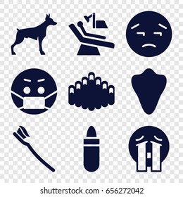 Mouth icons set. set of 9 mouth filled icons such as animal fang, dog, lipstick, upset emot, crying emoji, emoji in mask, tooth brush, dental chair