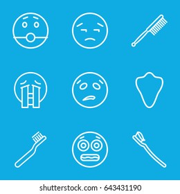 Mouth icons set. set of 9 mouth outline icons such as animal fang, toothbrush, tooth brush, upset emot, sweating emot, crying emoji, shocked emoji