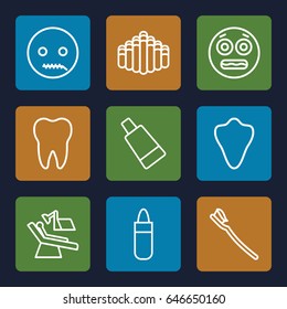 Mouth icons set. set of 9 mouth outline icons such as animal fang, lipstick, cream tube, tooth brush, dental chair, tooth, harmonica, shocked emoji