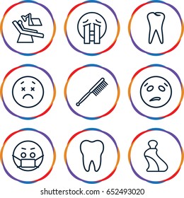 Mouth icons set. set of 9 mouth outline icons such as cream tube, toothbrush, tooth, dental chair, upset emot, sweating emot, crying emoji