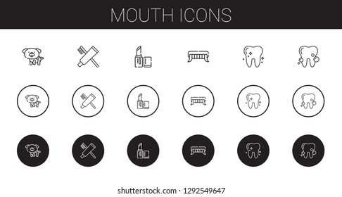 mouth icons set. Collection of mouth with dog, toothpaste, lipstick, fangs, tooth. Editable and scalable mouth icons.