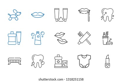 mouth icons set. Collection of mouth with lipstick, body, mouthwash, tooth, fangs, toothbrush, toothpaste, kiss, lips, dog. Editable and scalable mouth icons.