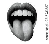 mouth isolated with tongue out female lips teeth halftone texture retro collage elements for mixed media design vintage dotted pop art style grunge punk crazy template in white background