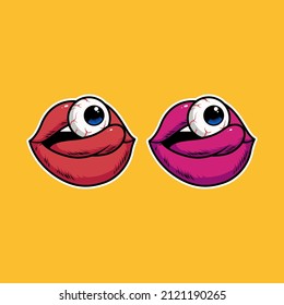 Mouth Licking Eyeball Vector Illustration on Isolated Background