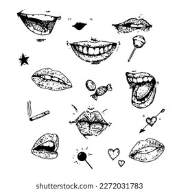 Mouth and lips elements doodle dots art hand draw style