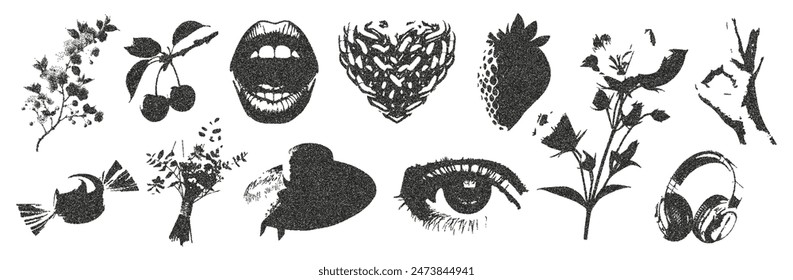 Mouth, lips, eyes, cherry, dried flowers, strawberries, hat, candy, iron heart with retro photocopy effect. Vector illustration in halftone tones for the design of Y2K collages. Vector