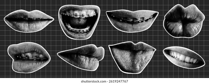 Mouth and lips with halftone effect. Y2K collage design. Retro vector illustration.